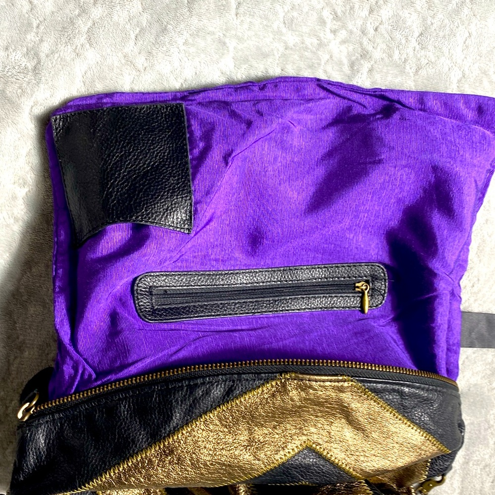 Vintage Helena De Natalio Metallic Gold Black Crinkled Leather Clutch Crossbody - Picture 8 of 13